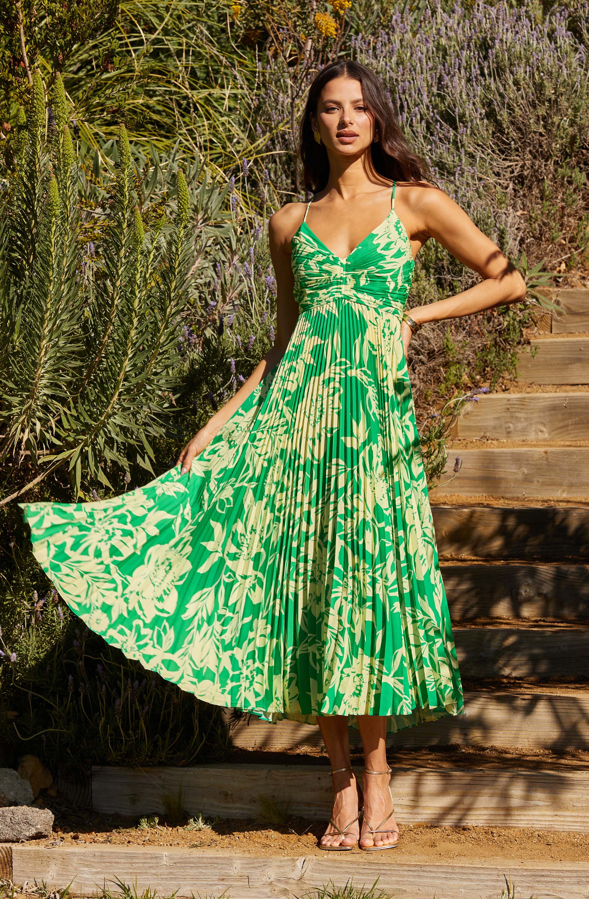 Blythe Floral Plisse Midi Dress Green lime Floral / M