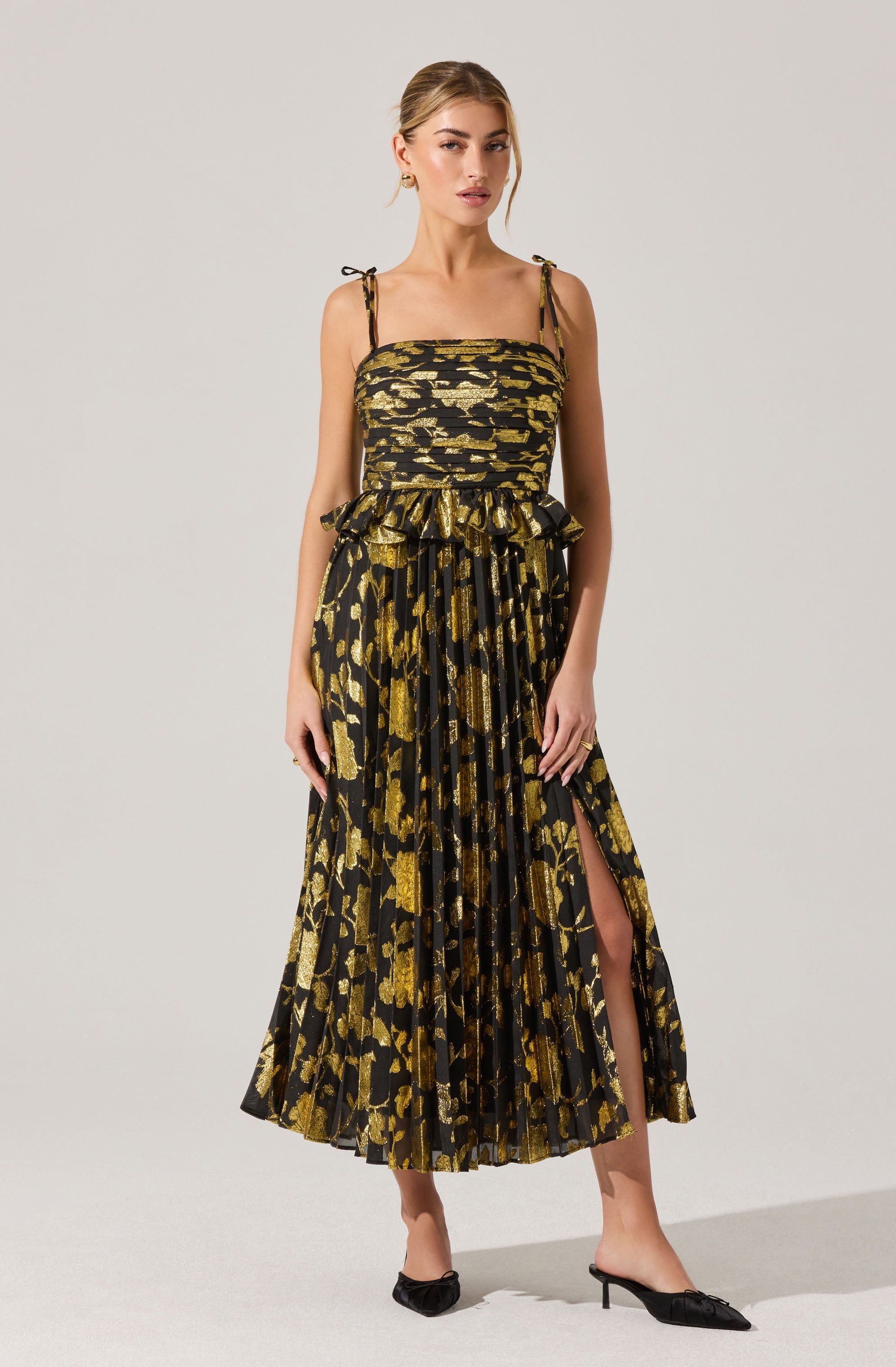 Emerys Pleated Metallic Floral Maxi Dress - ASTR the Label Emerys Pleated Metallic Floral Maxi Dress - ASTR the Label