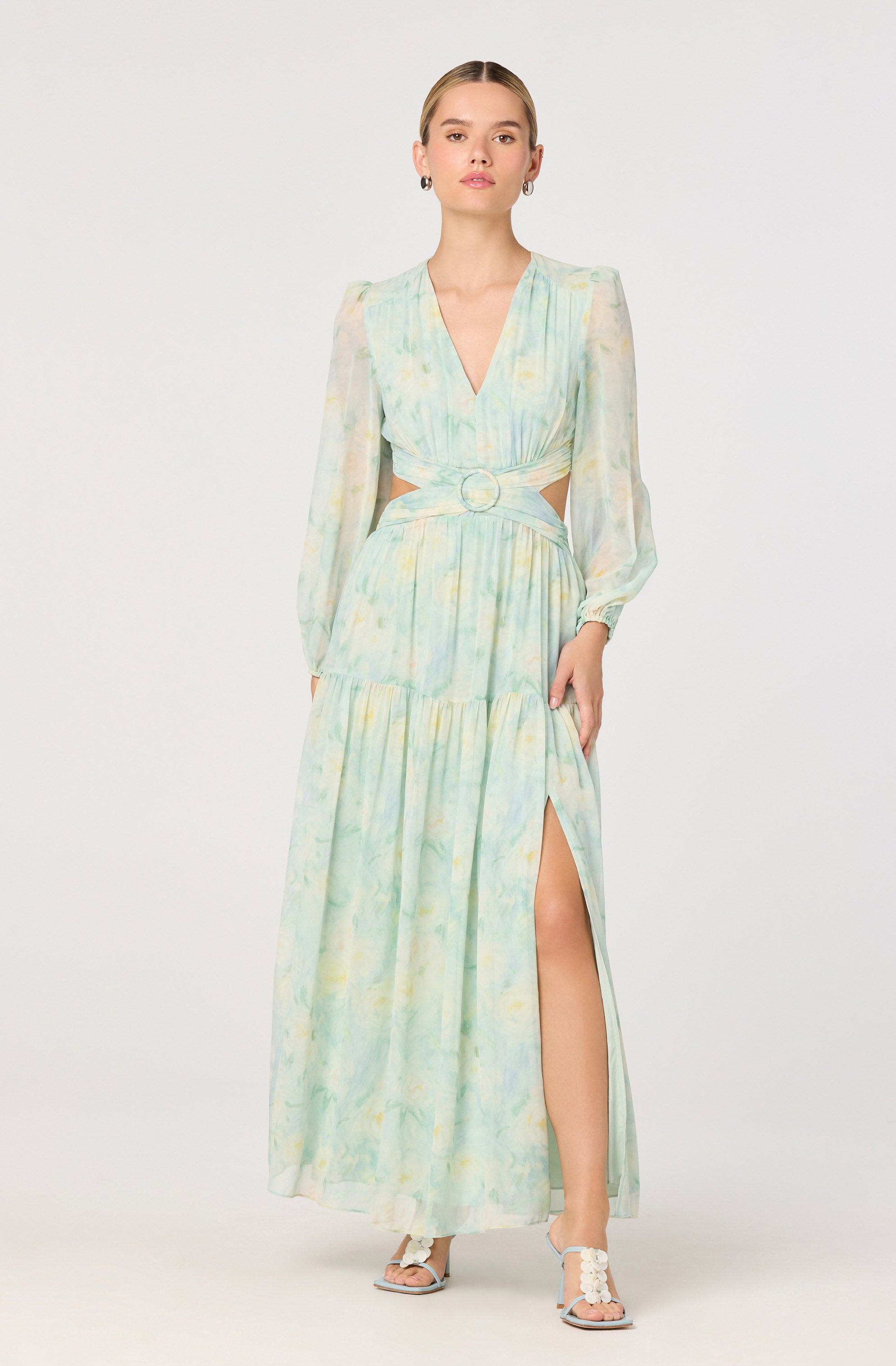 astr quinn floral cutout midi dress Klarissa Floral Cutout Balloon Sleeve Maxi Dress