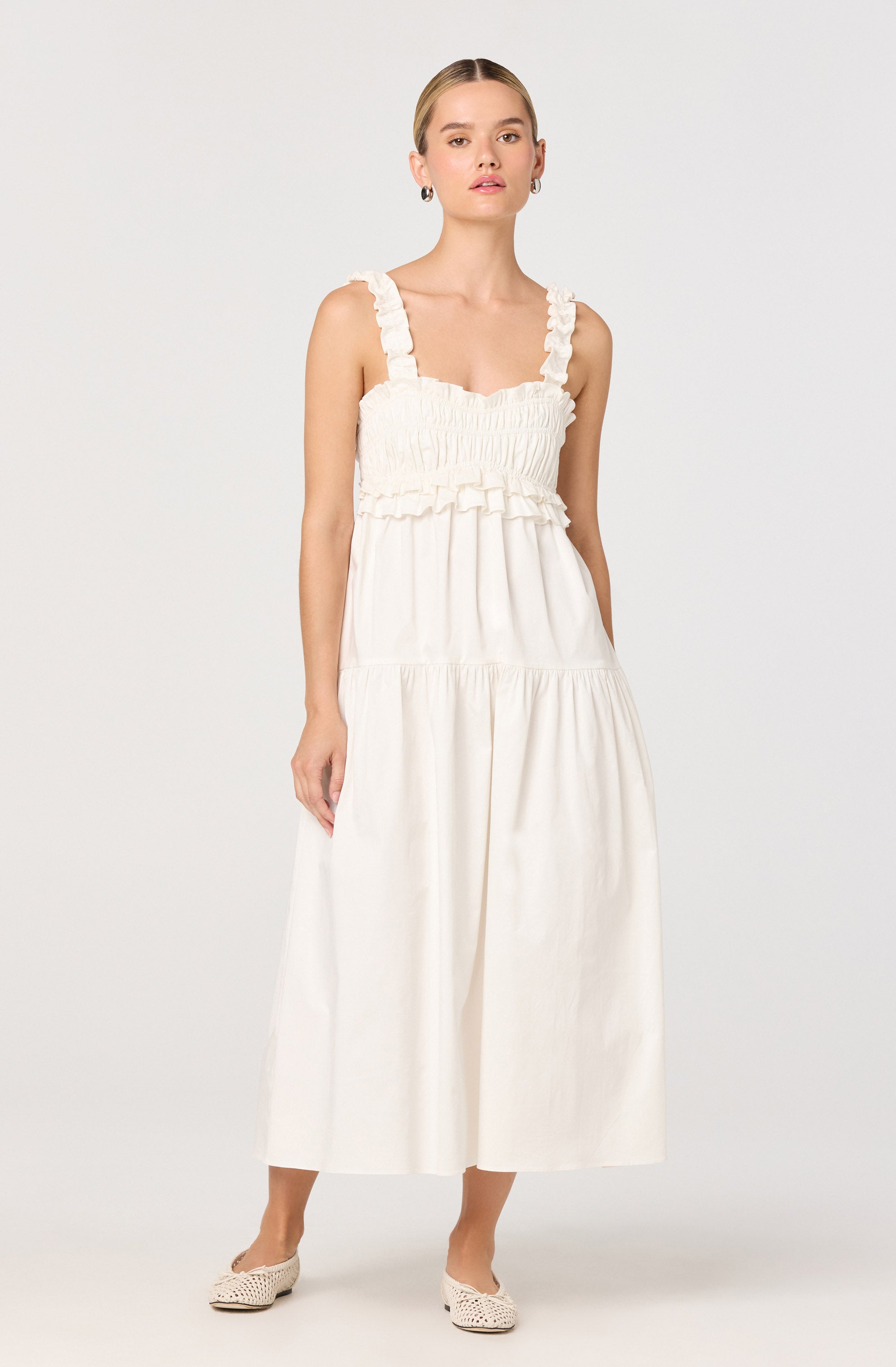 Astr The Label | Orenthia Ruffle-Strap Smocked Maxi Dress in Off White