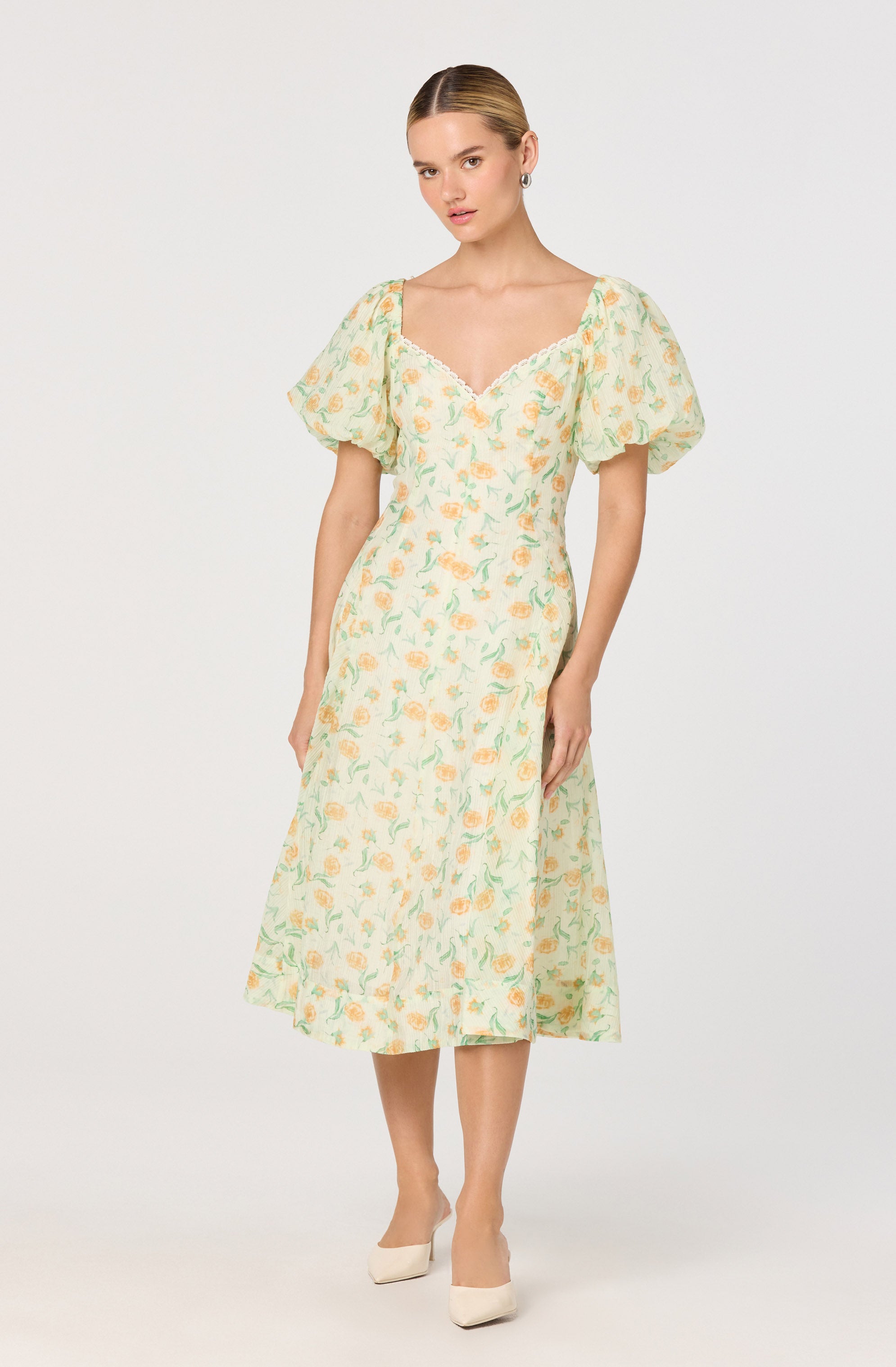 Mayra Floral Plissé Puff Sleeve Midi Dress