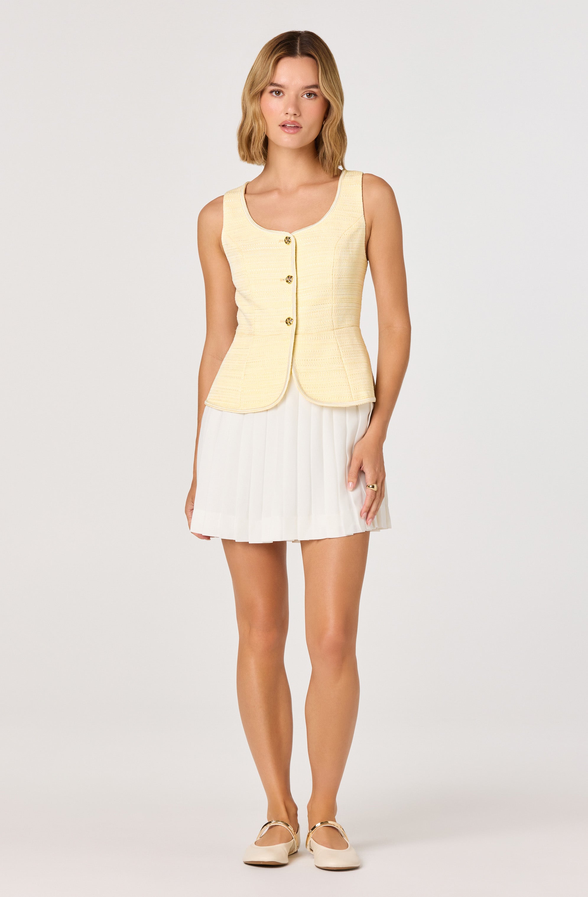 vested dress ASTR the Label | Sheridan Tweed Vest Mixed Media Mini in Lt Yellow White Neck Size:18.5 Talbot Runhof - Cornflower Back zip 105