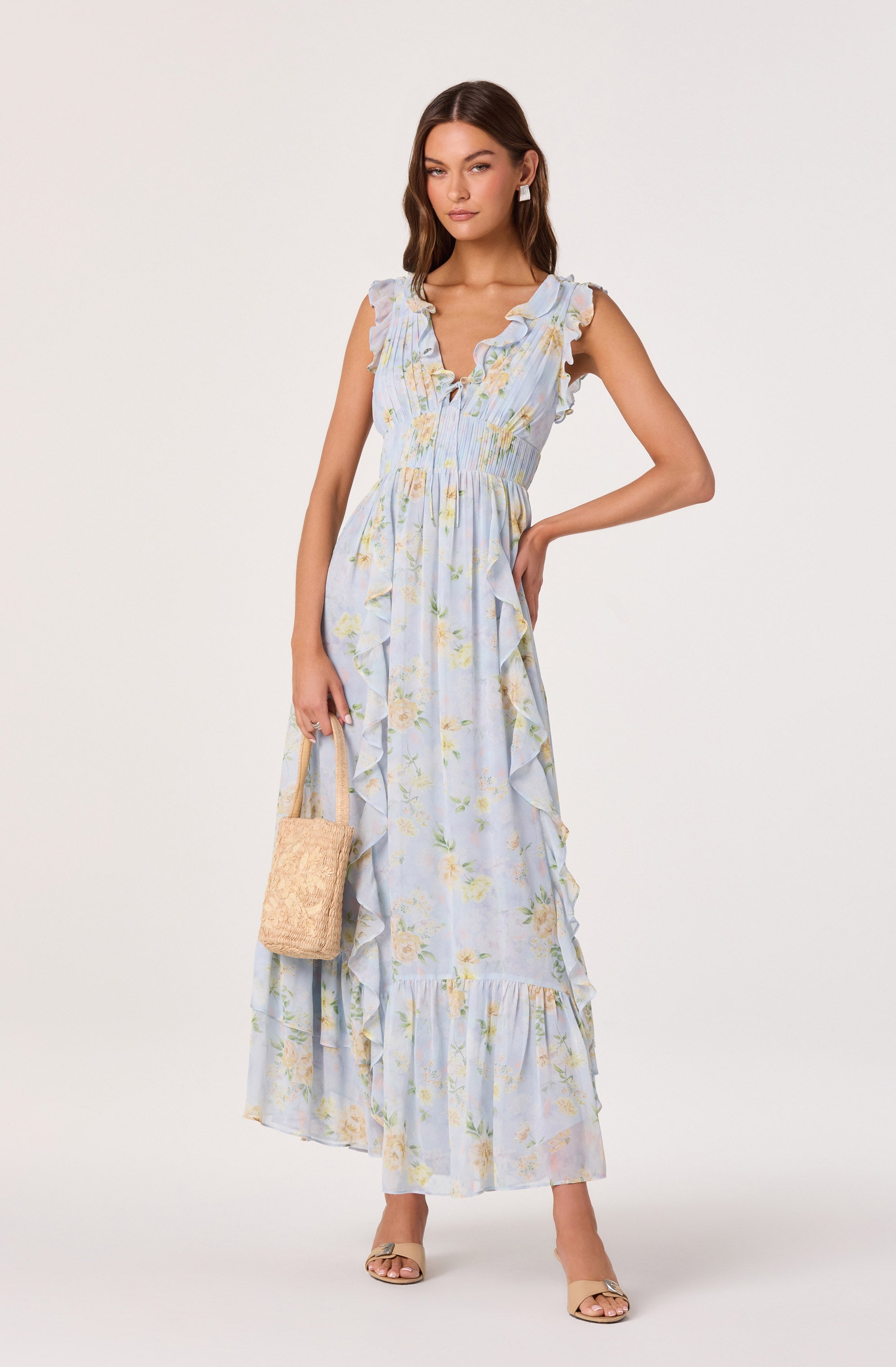 light blue floral maxi dress Kindra Ruffle Deep-V Maxi Dress