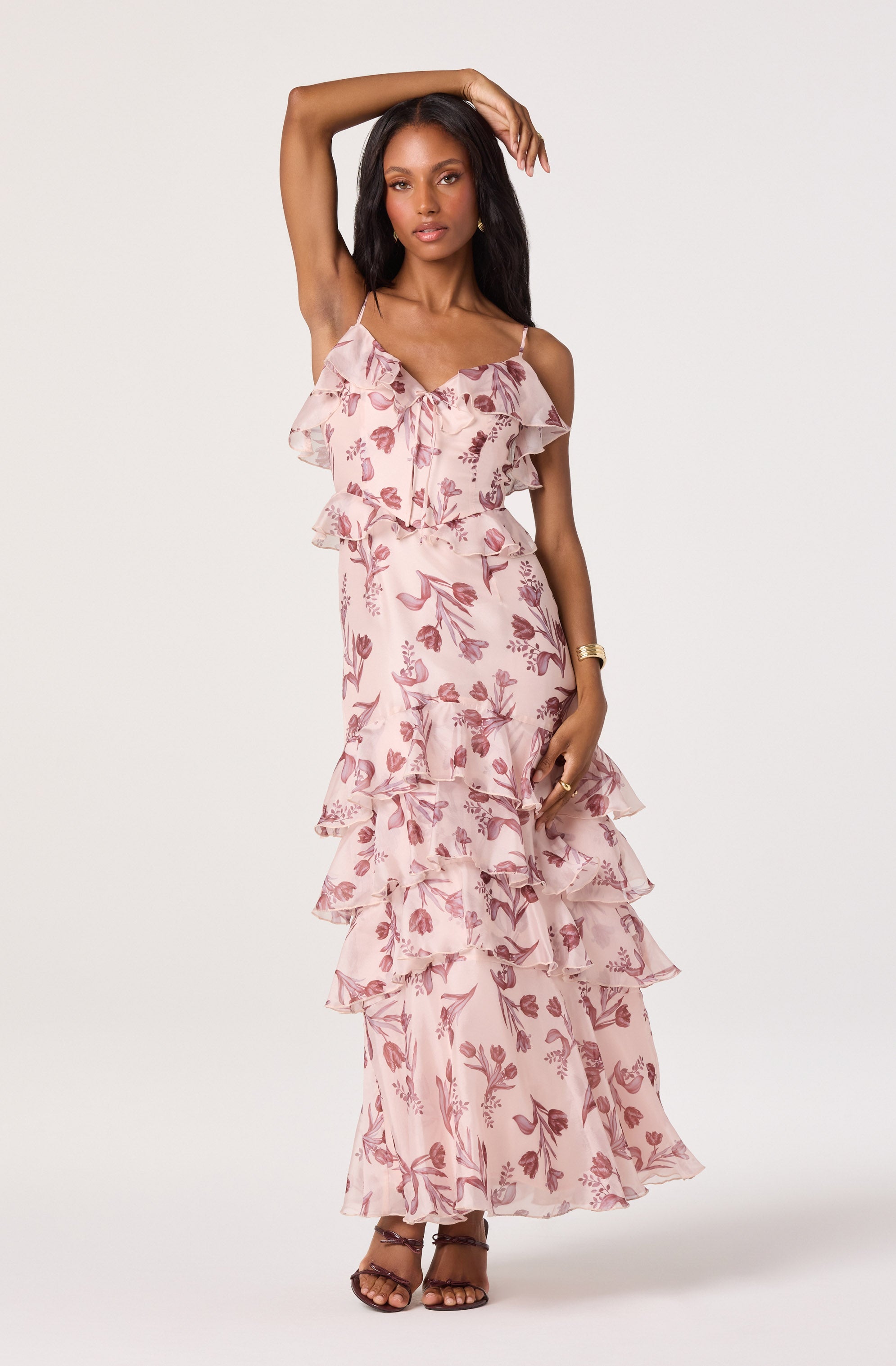 inara pink floral print ruffle maxi dress Emiliana V-Neck Satin 98% Polyester 2% Spandex Homecoming Dresses | One Size:US 6-6.5 / EU 37 Engagement Party Outfits