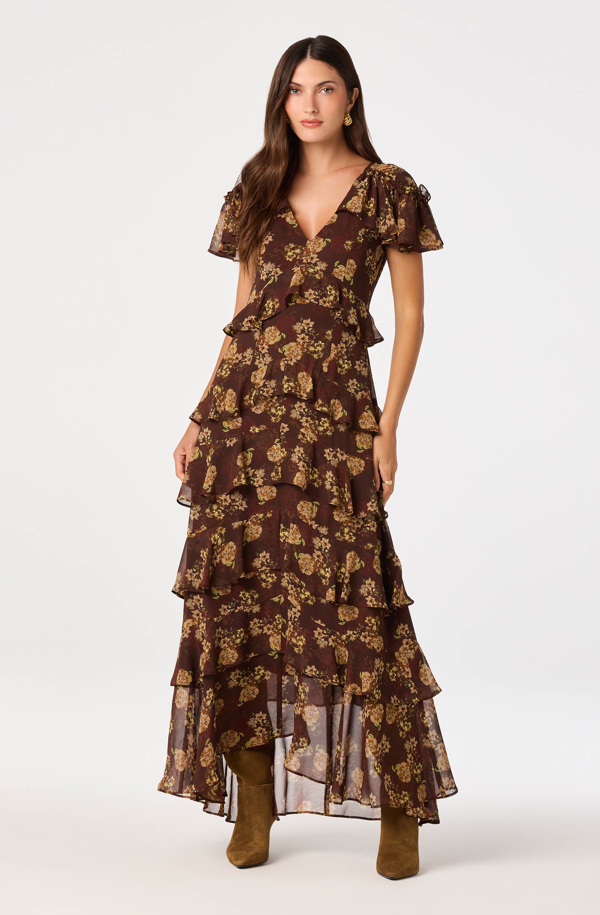 brown dress with ruffles at the bottom Odalys Flutter Sleeve Maxi Floral / XS SIZE:US 14 / EU 44 / UK 16 Crafted in soft champagne short-name:Blue Flower Gingham Threaded Placket Draped Shirt