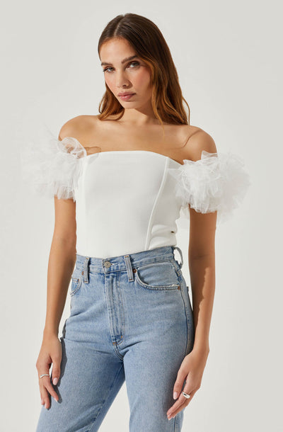 Calla Off Shoulder Tulle Sleeve Sweater
