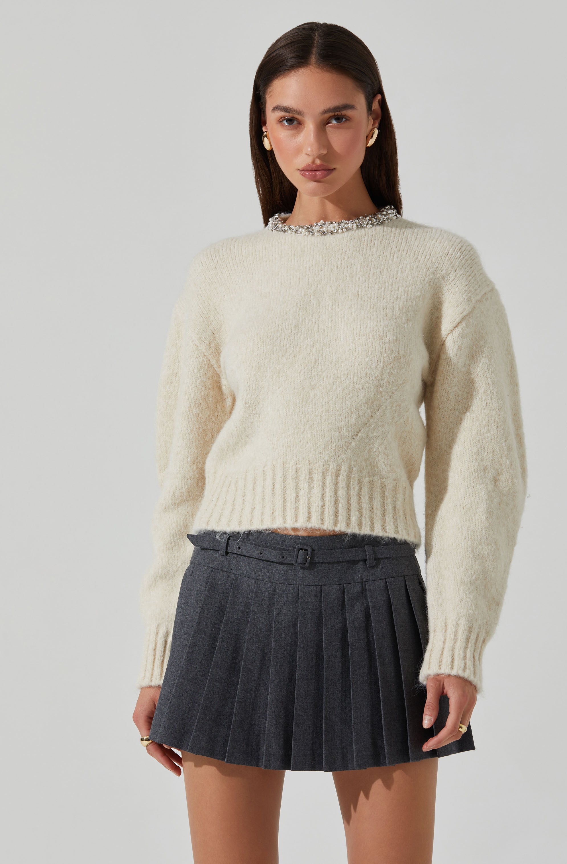 AmélieBoutik Women's Long Sleeve Sweater - Crew Neck With Stud Embellishment & Trim