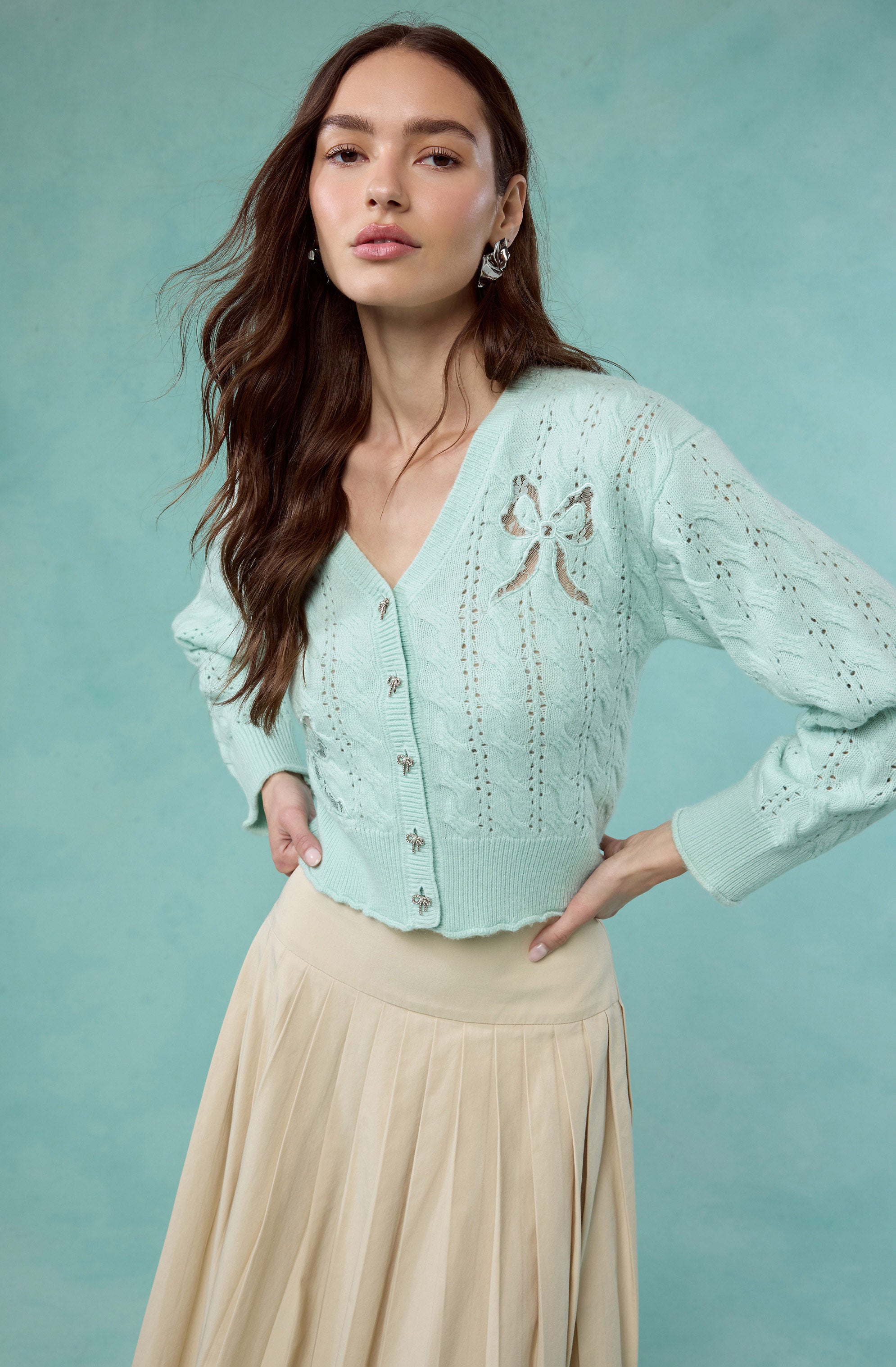 Kalen Cable-Knit Bow Cutout Cardigan - ASTR the Label