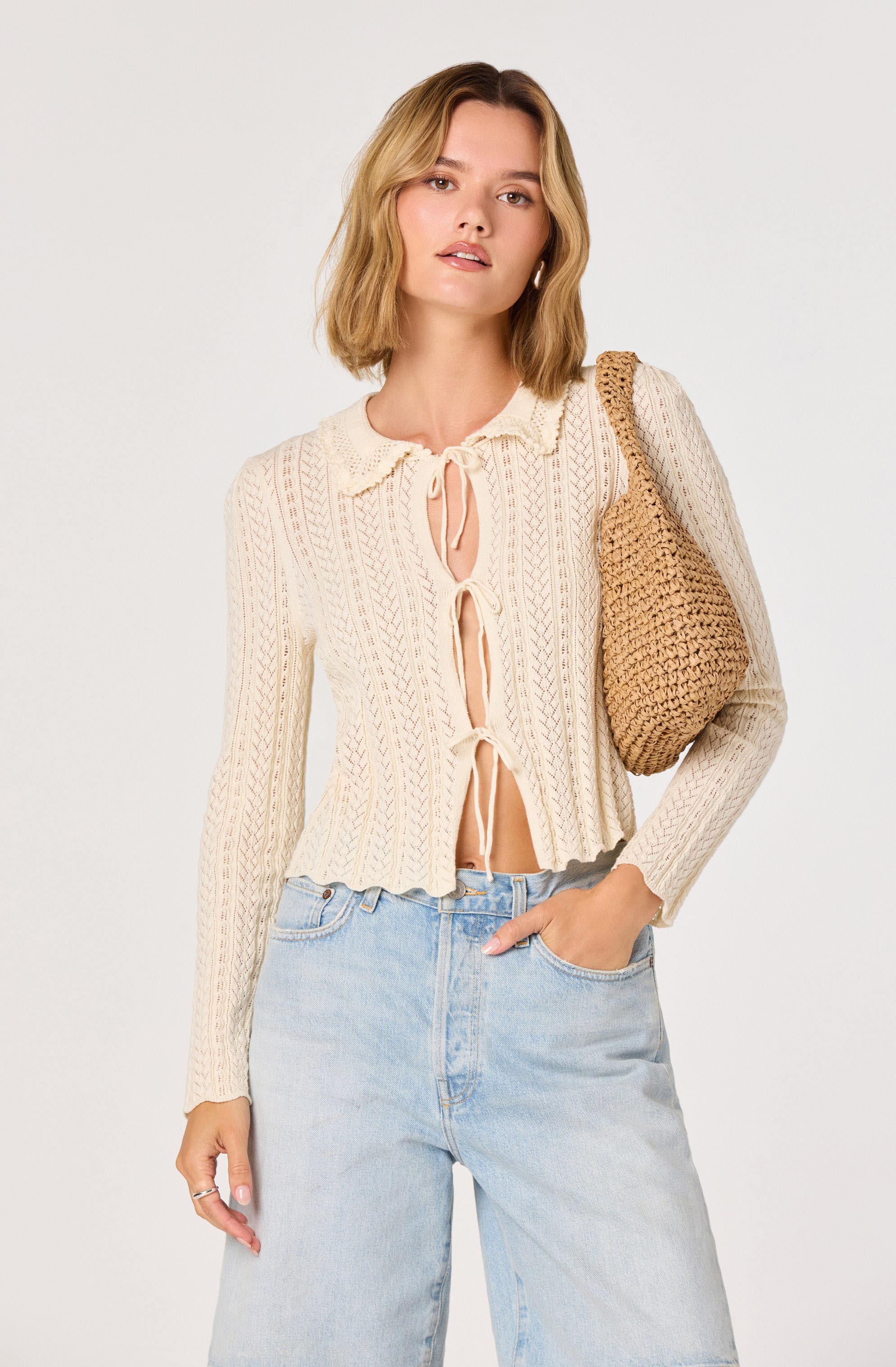 トップス LA FAM Cardigan Knit Fannie Cable-Knit Tie-Front Cardigan - ASTR the Label