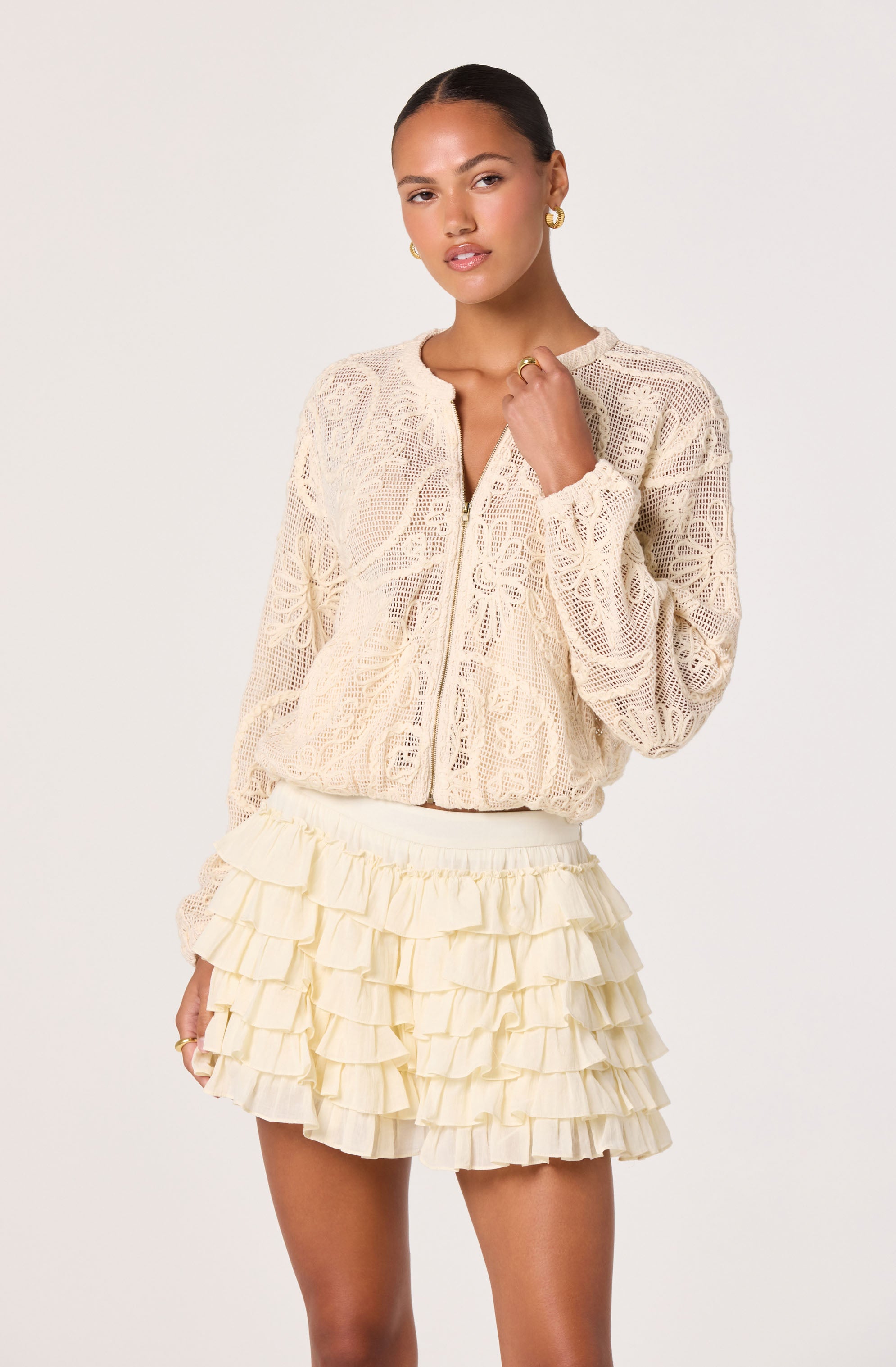 Acka. 完売品　lace sleeve jacket（beige） Aeva Embroidered Crochet Bomber Jacket - ASTR the Label