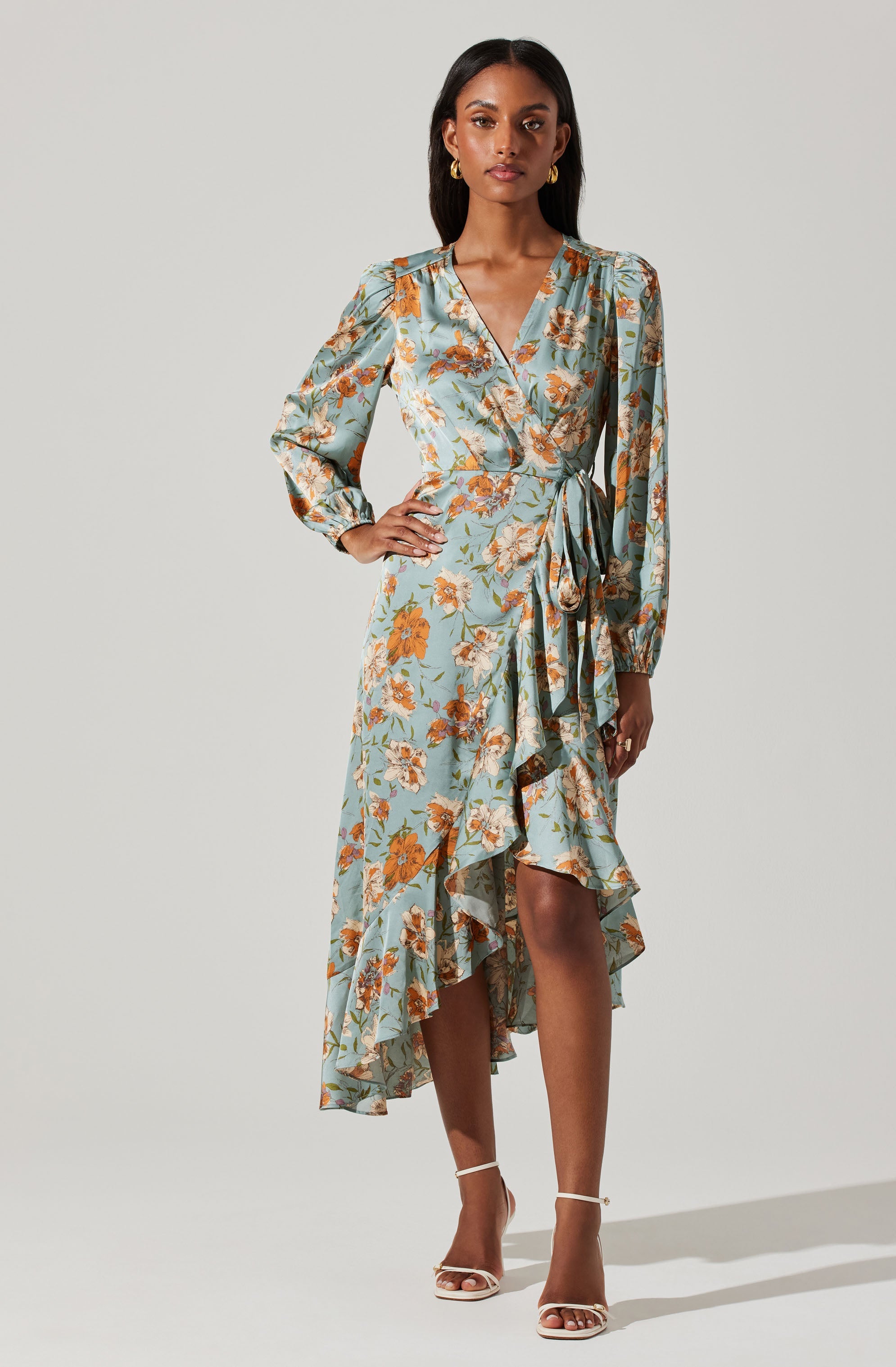 Floral Satin Wrap Long Sleeve Midi Dress – ASTR The Label