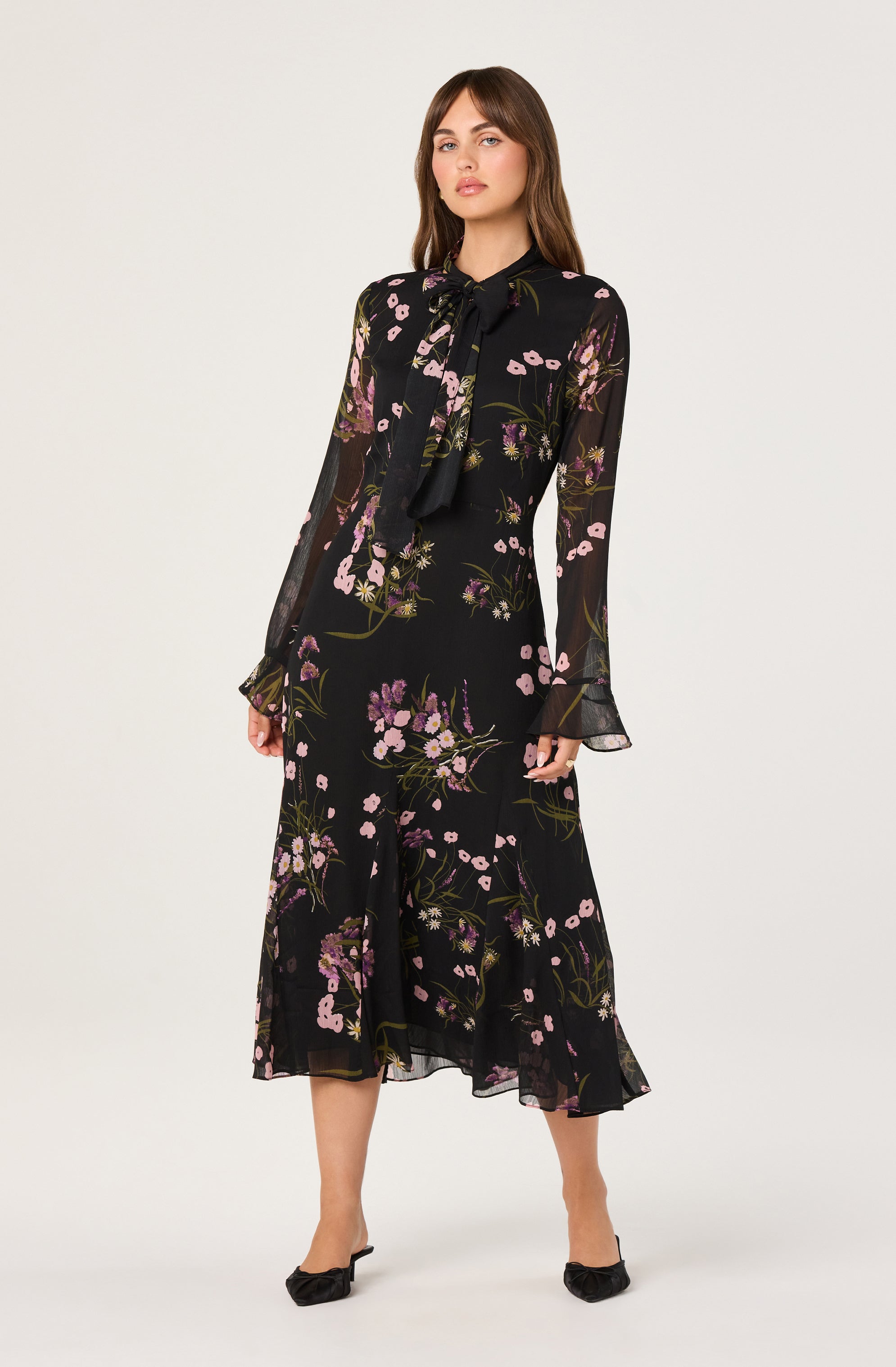 fitted lace wedding dress Astr The Label | Tie-Neck Ruffled Floral Midi Dress in Black Pink Floral fitted lace wedding dress Astr The Label | Tie-Neck Ruffled Floral Midi Dress in Black Pink Floral