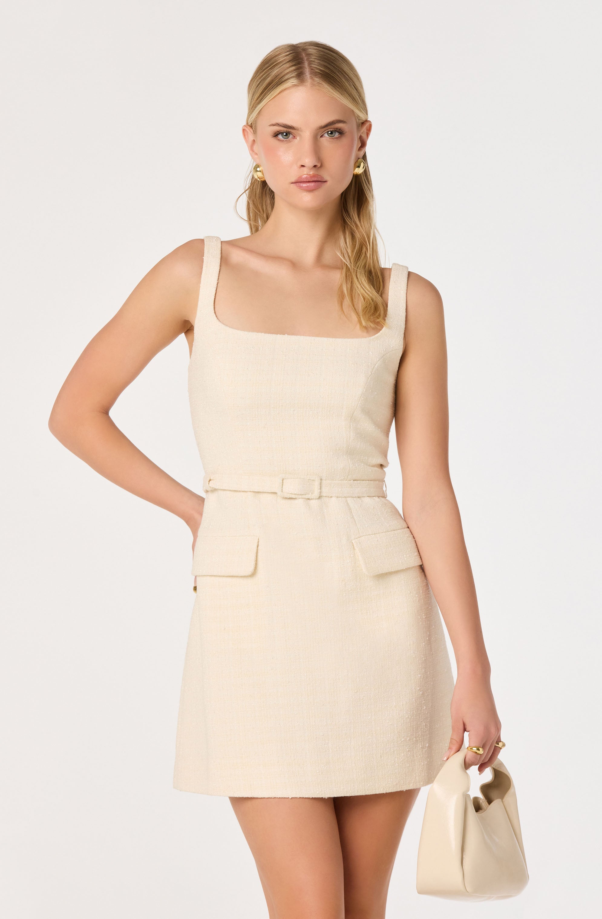 ASTR the Label | Adelyn Belted Tweed Mini Dress in Ivory