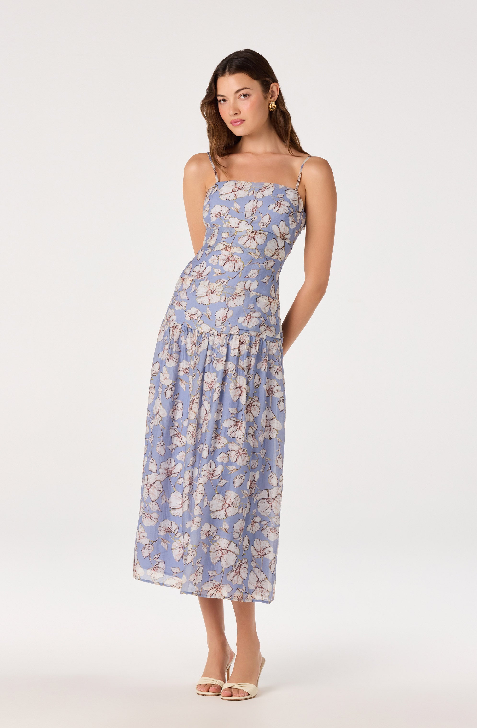 dusty blue floral pleated midi dress Floral Dressed Up Dusty Blue Floral Print Midi Dress