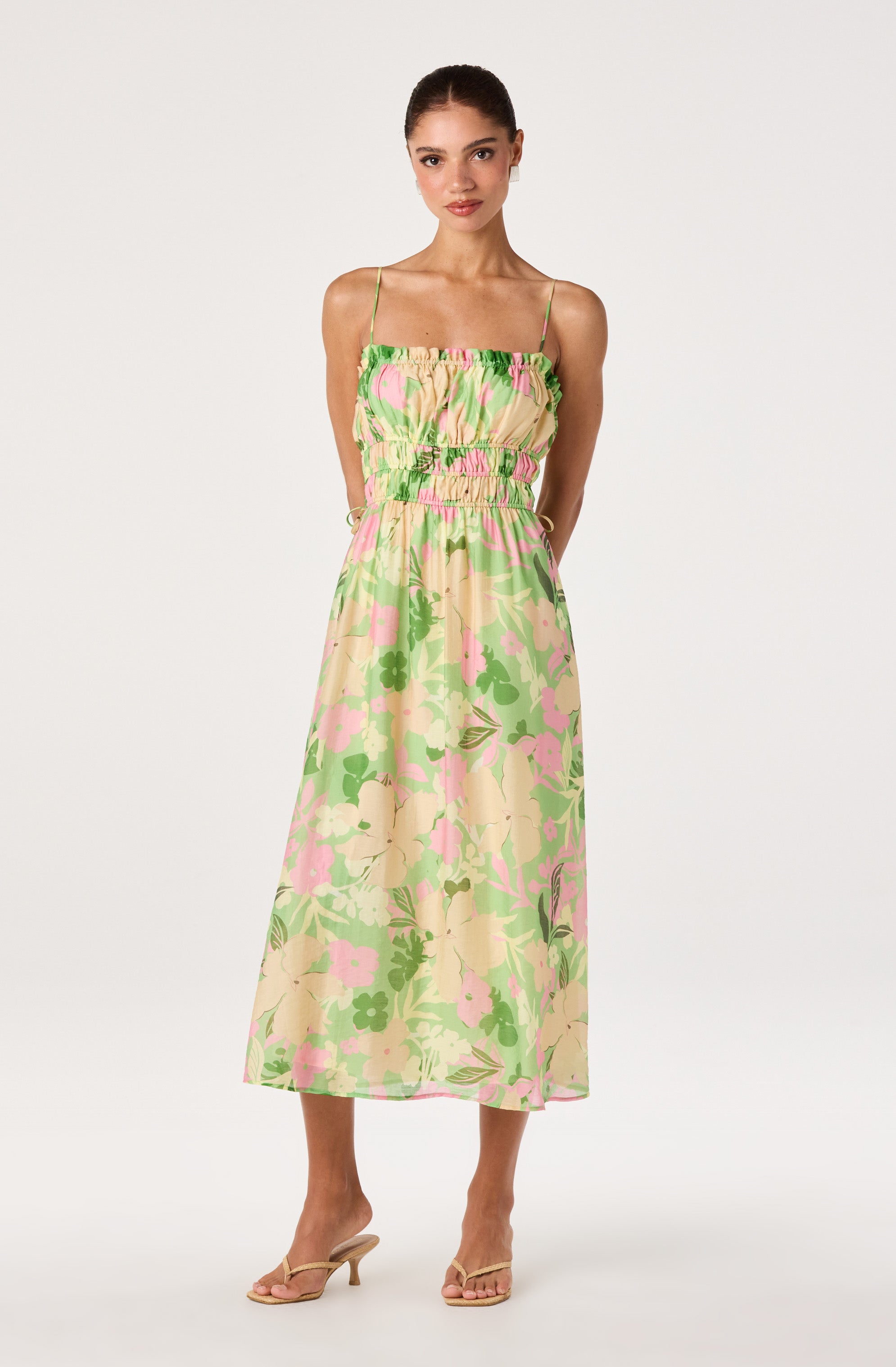 knee length dresses for ladies Black floral spaghetti strap midi dress main image 0