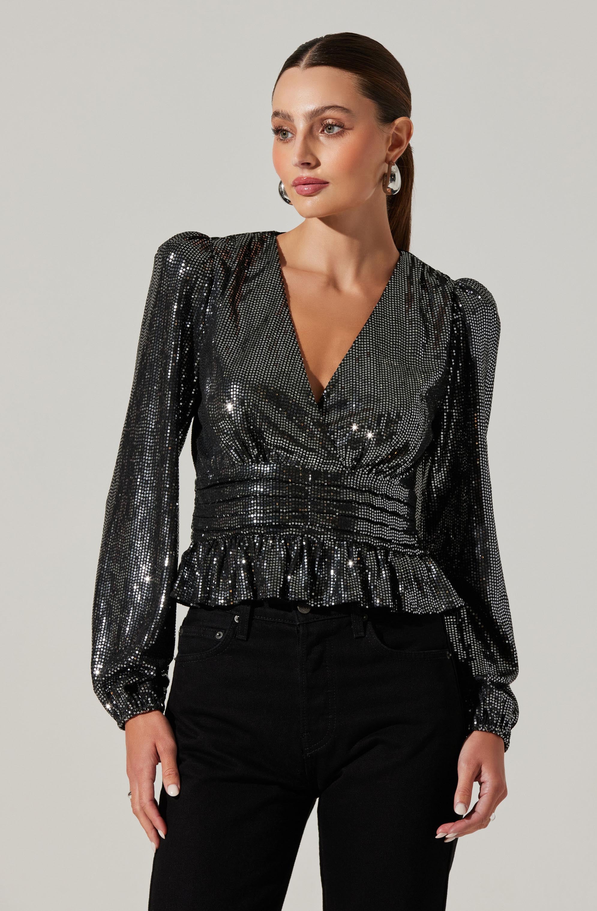 Plunge Sequin Peplum Long Sleeve ASTR The Label