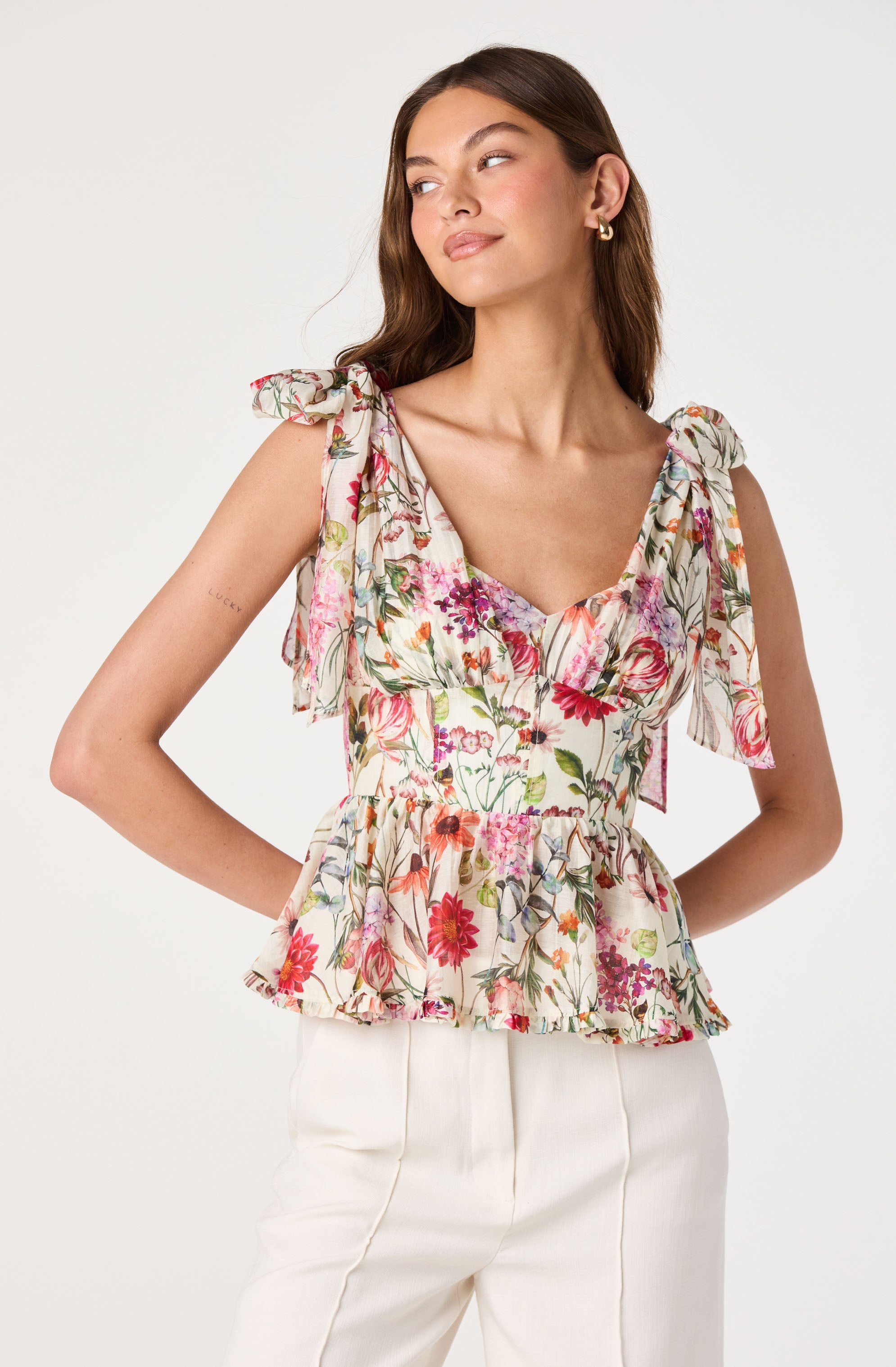 トップス sheller flower lace glitter peplum tops Avra Floral Cotton Peplum Cami
