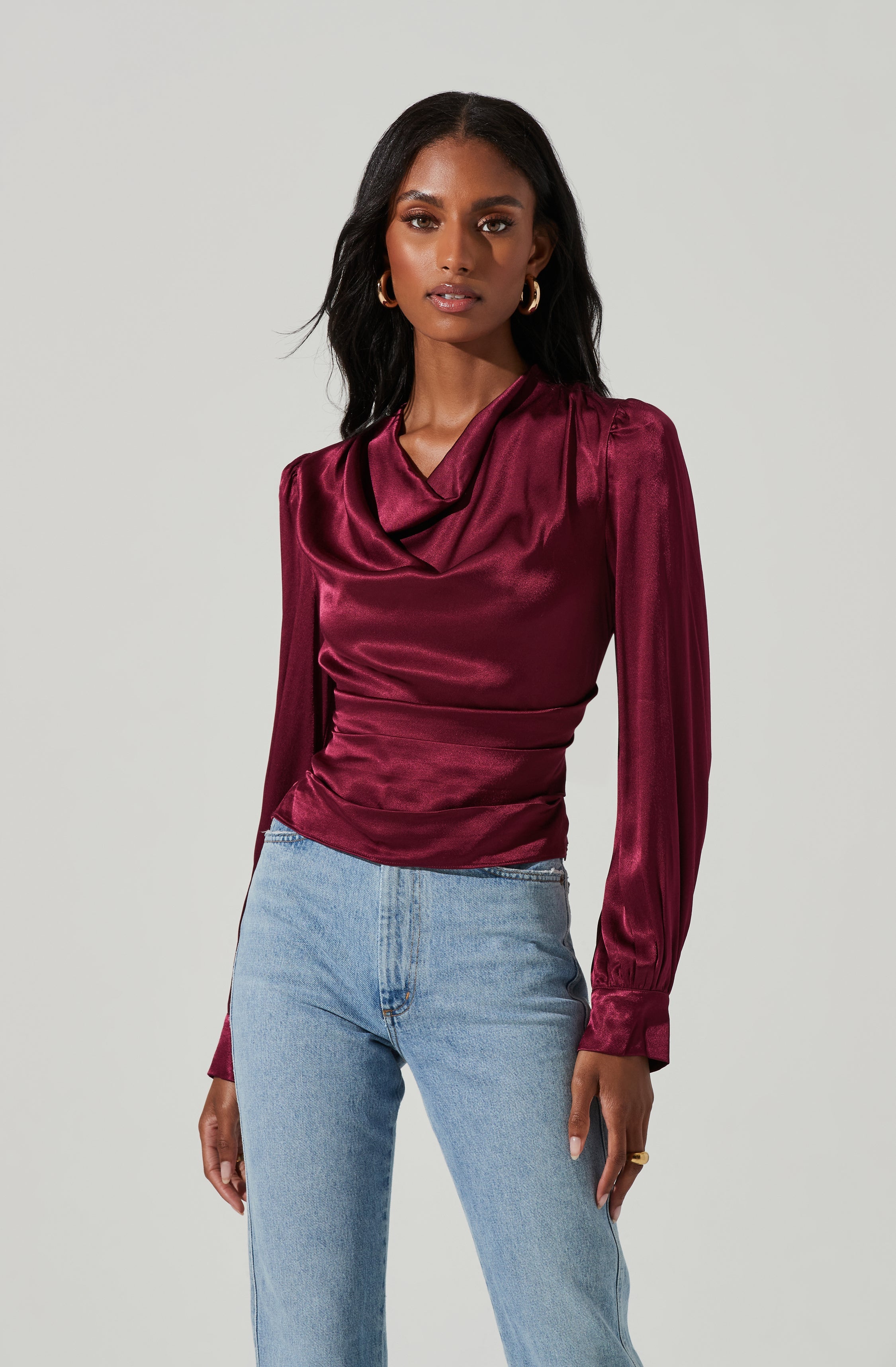 Lilith Satin Cowl Neck Long Sleeve Top