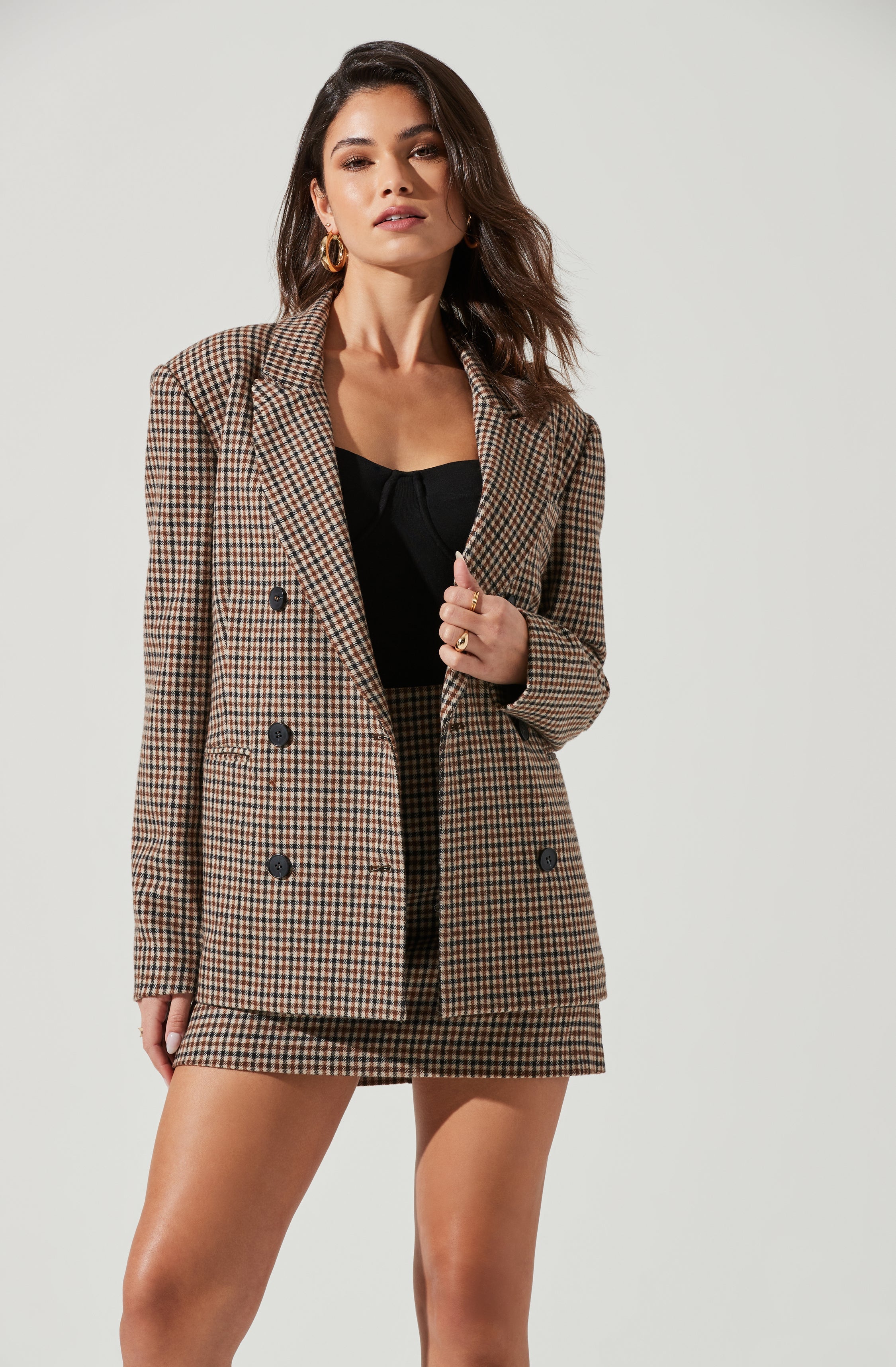 Brina Plaid Double Breasted Blazer - Brown black / XS