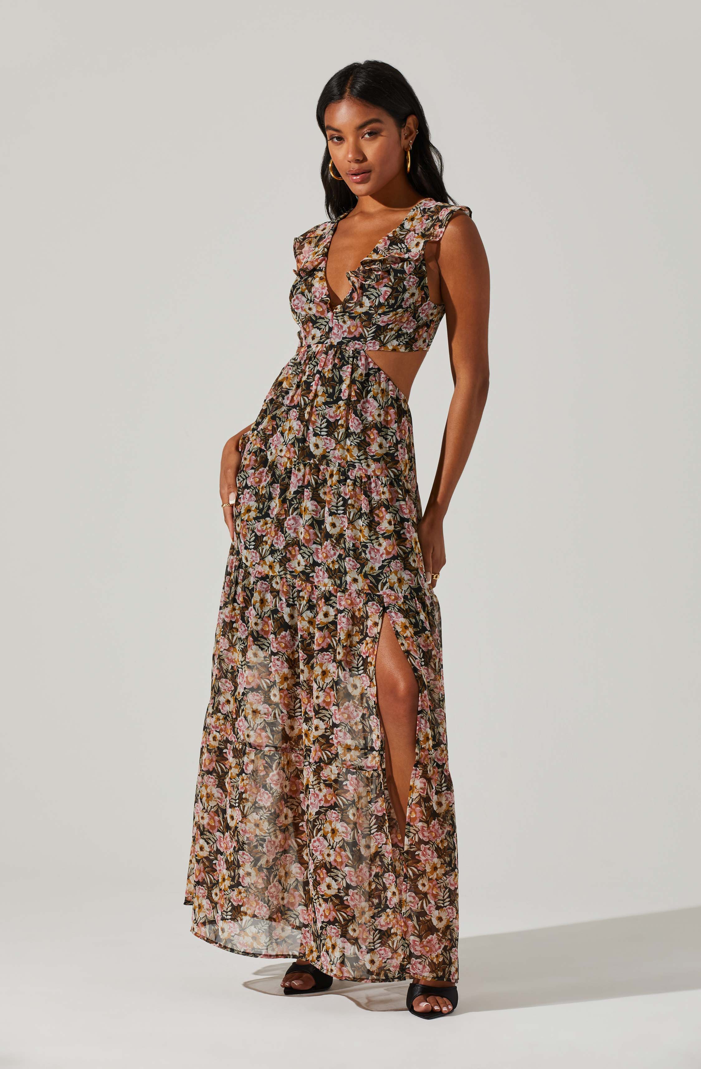 Floral Short Sleeve Asymmetrical Hem Midi Dress