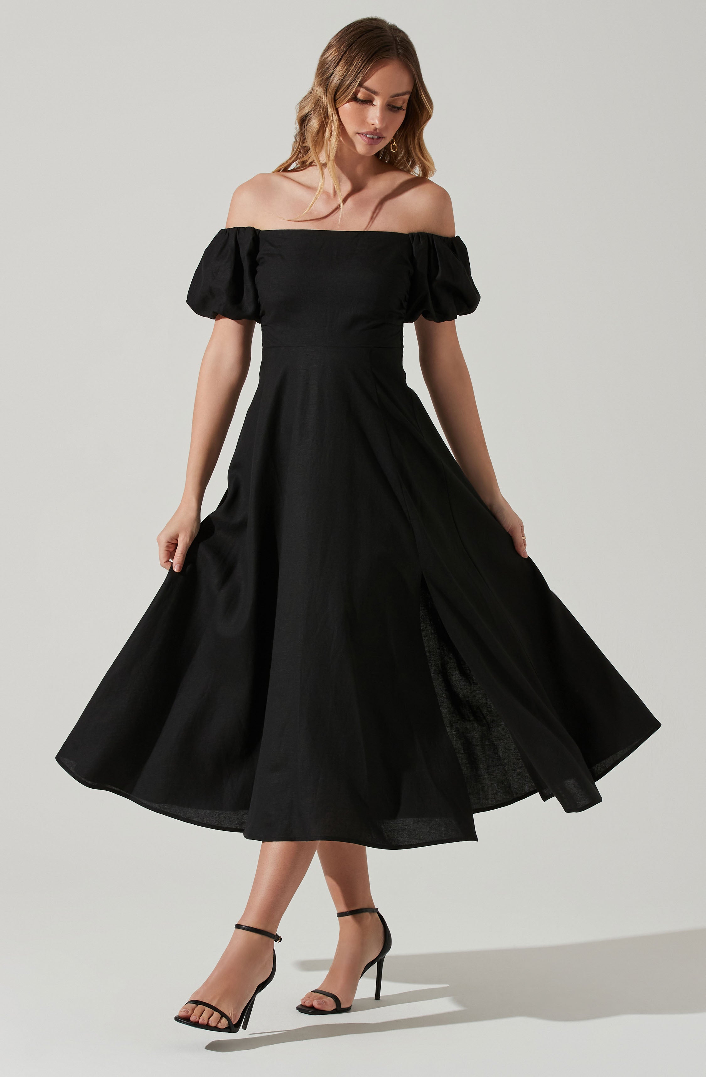 Off Shoulder Puff Sleeve Midi Dress