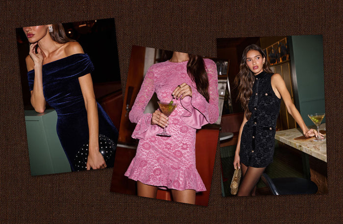 ASTR the Label women's fall fashion featuring a pink floral lace mini dress with bell sleeves and a burgundy off-the-shoulder sweater styled with a black mini skirt.