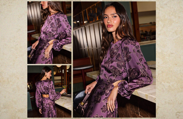A woman modeling a purple long-sleeve dress with a black floral pattern in a warm indoor setting, shown in a three-panel collage.