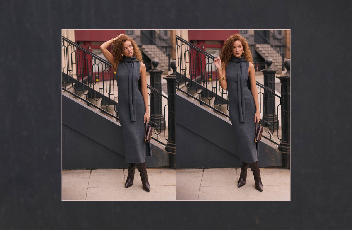 A side-by-side double view of a woman wearing a sleeveless charcoal gray midi dress with a matching draped scarf, paired with dark brown ankle boots, standing on outdoor stone steps.