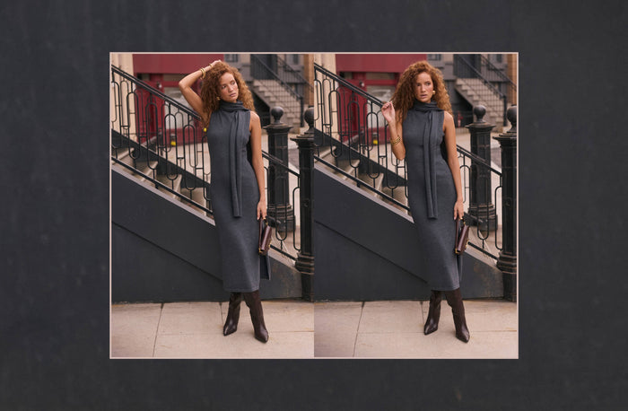 A side-by-side double view of a woman wearing a sleeveless charcoal gray midi dress with a matching draped scarf, paired with dark brown ankle boots, standing on outdoor stone steps.