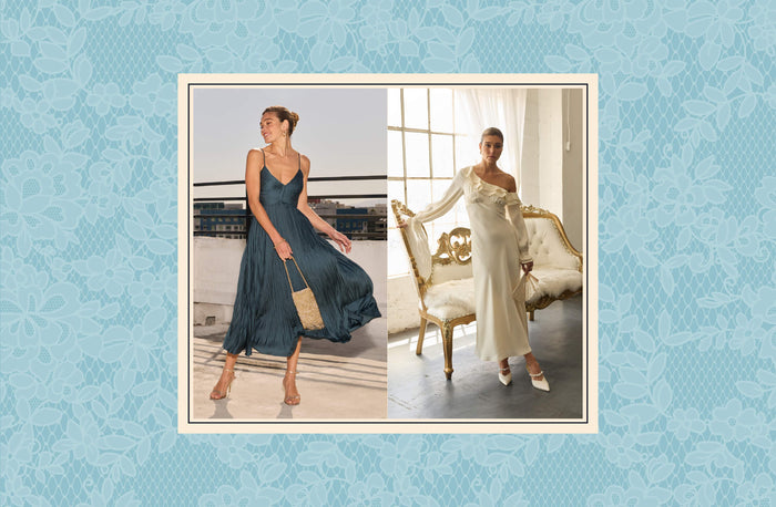 A split-screen collage showing two women modeling elegant dresses. On the left, a woman wears a flowing slate blue maxi dress with a small woven bag.