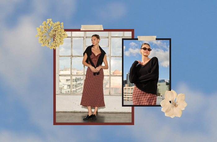 A woman in a red plaid dress and black sweater poses indoors by a window and outdoors with sunglasses. The image has floral and sky-themed collage elements.