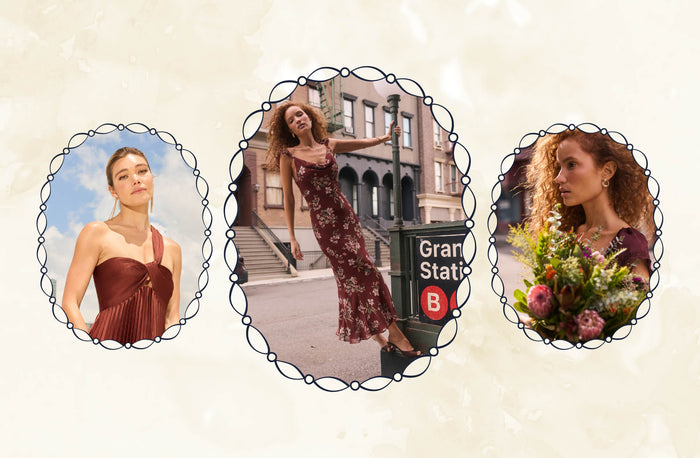 A collage-style product image showing three oval portrait photos of a woman wearing a burgundy dress in different outdoor settings, set on a light beige textured background with decorative black frame lines around each oval.
