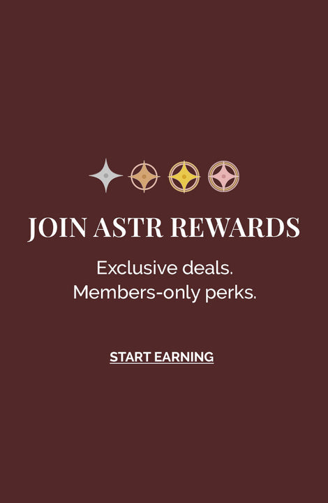 Dark maroon background with four star-like icons and white text promoting ASTR rewards membership.