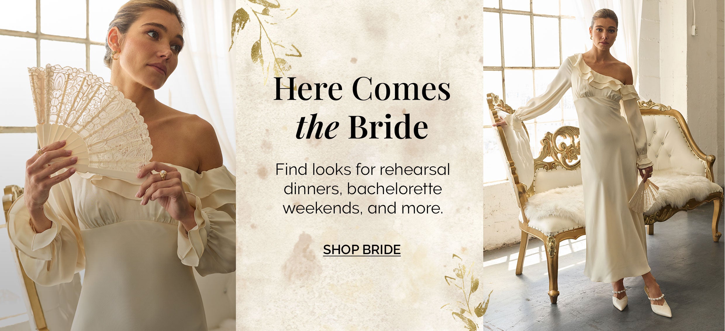 Bride in an off-the-shoulder satin gown holding a decorative fan in a bright room.