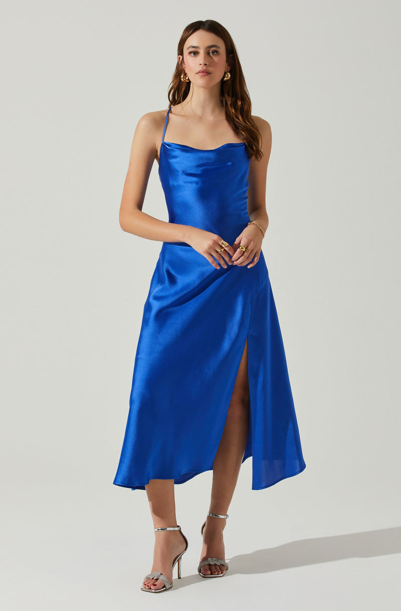 Blue Cowl Sheath Dress - This dress offers all the glitz and glamor you'll ever need for those party nights. It features an enticing cowl neck. This dress goes well with a pair of suede pumps and an envelope clutch.