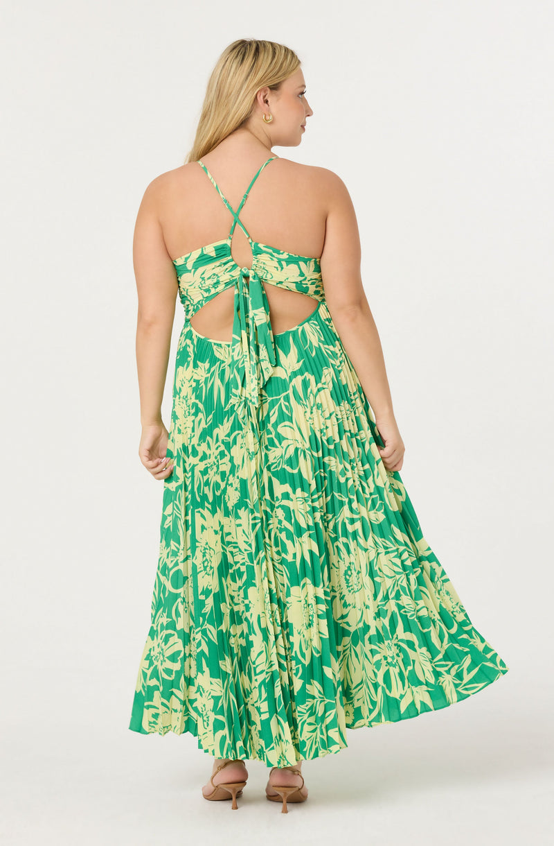 Green and yellow floral cut-out back maxi dress with thin straps and a tie detail.