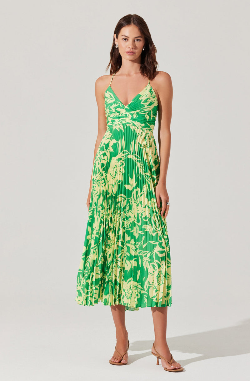 Green and yellow floral printed spaghetti strap maxi dress.