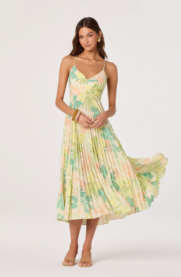 ASTR the Label | Blythe Floral Plisse Midi Dress in Green Peach Tropical | Size XL ASTR the Label | Blythe Floral Plisse Midi Dress in Green Peach Tropical | Size XL