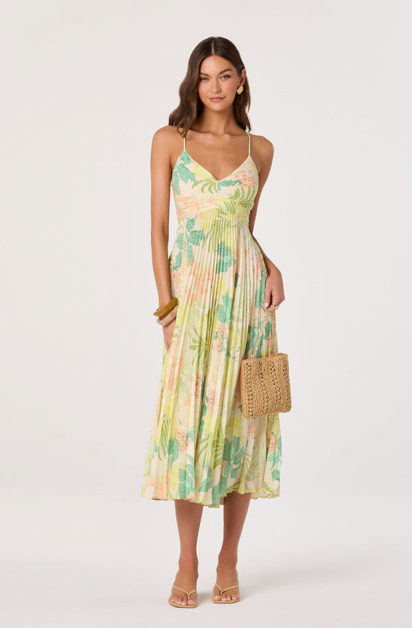 ASTR the Label | Blythe Floral Plisse Midi Dress in Green Peach Tropical | Size XL