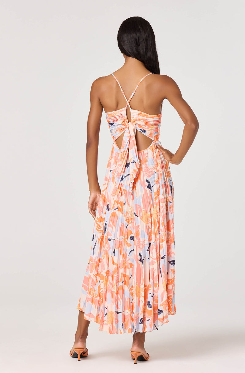 Long sleeveless dress with a colorful floral pattern, back cutouts, and a bow detail.
