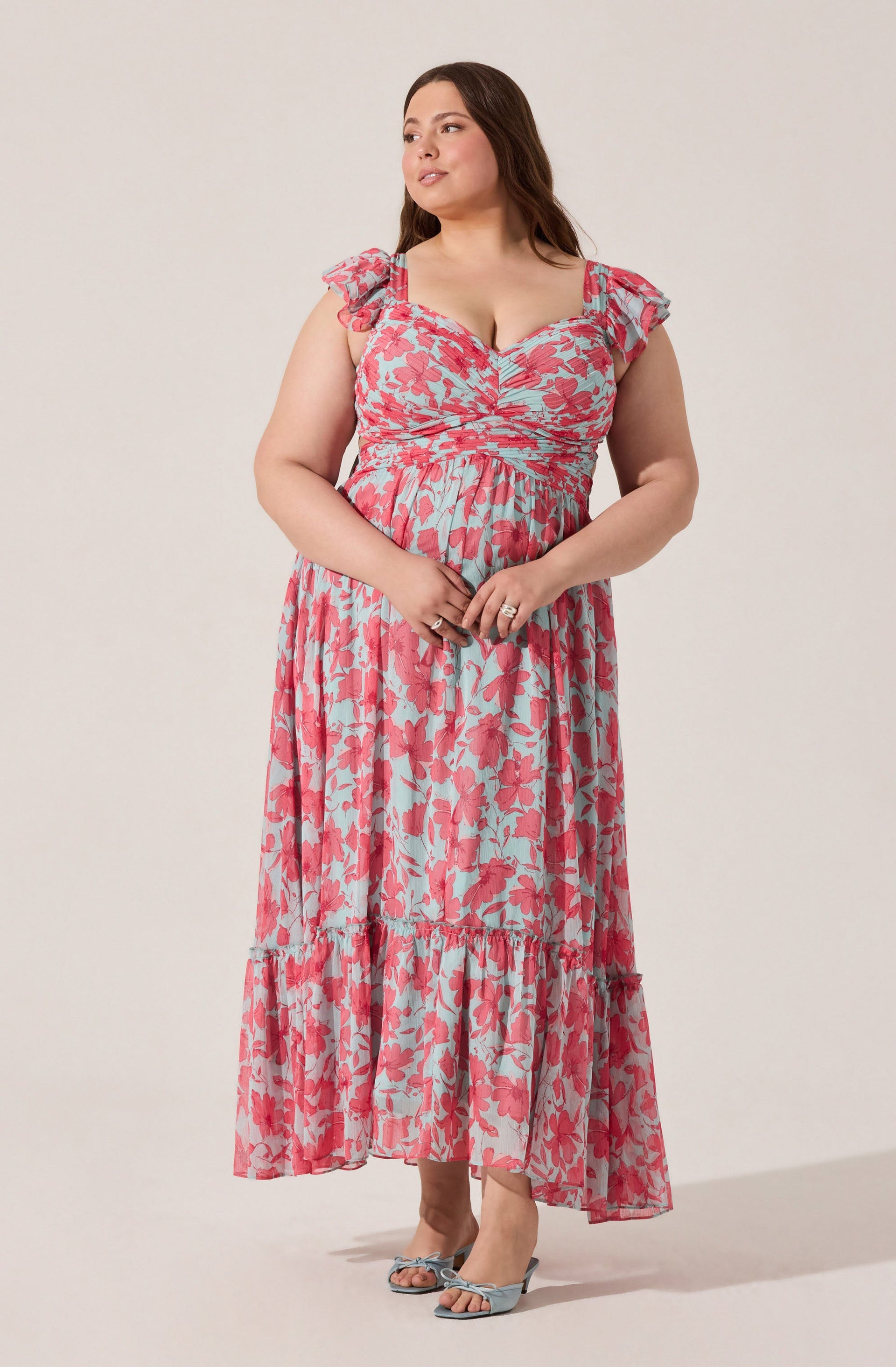 fitted lace wedding dress Astr The Label | Primrose Floral Strappy Back Maxi Dress in Plus Size - Pink Aqua Floral