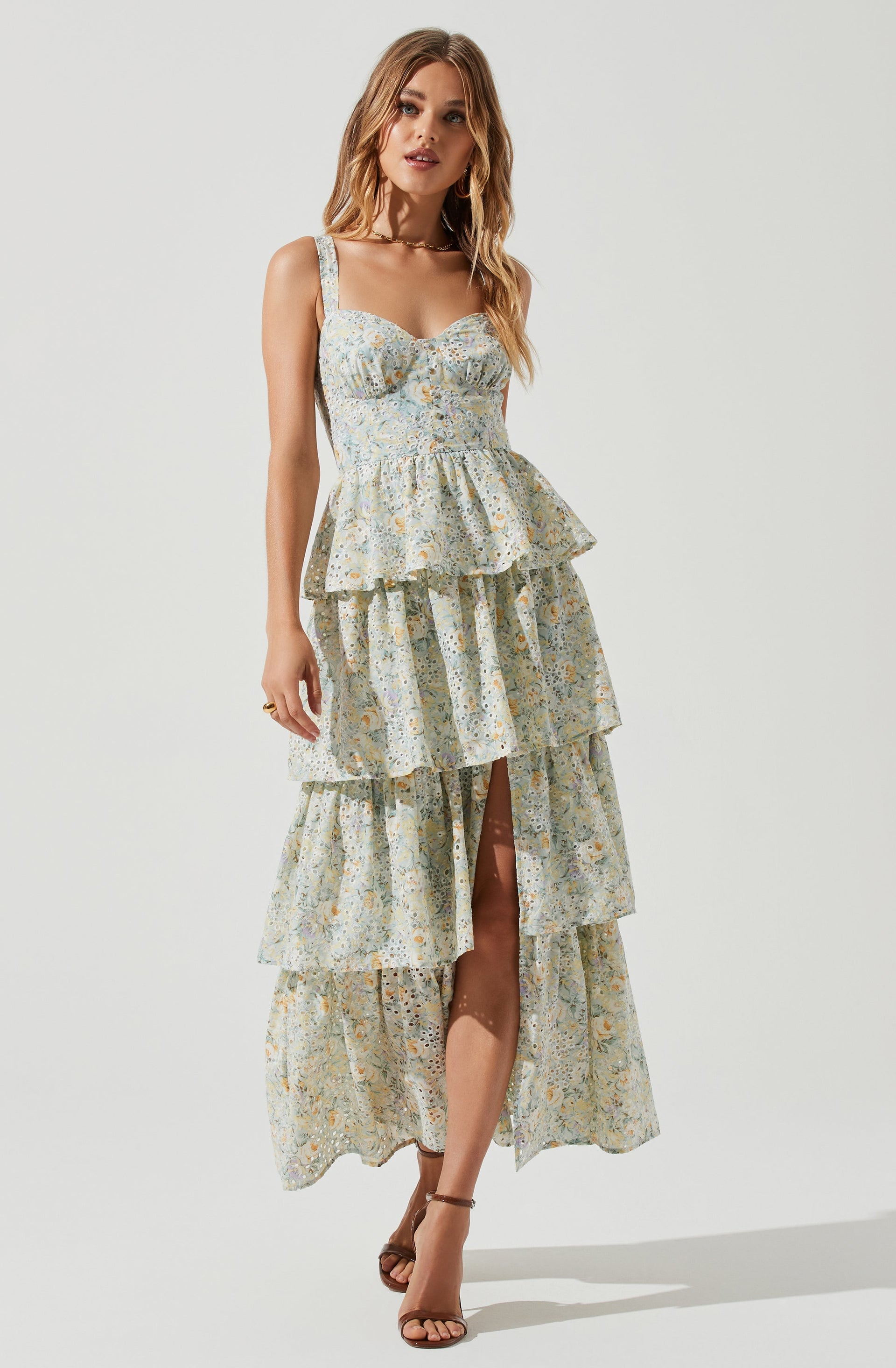 fitted lace wedding dress Midsummer Eyelet Tiered Floral Maxi Dress