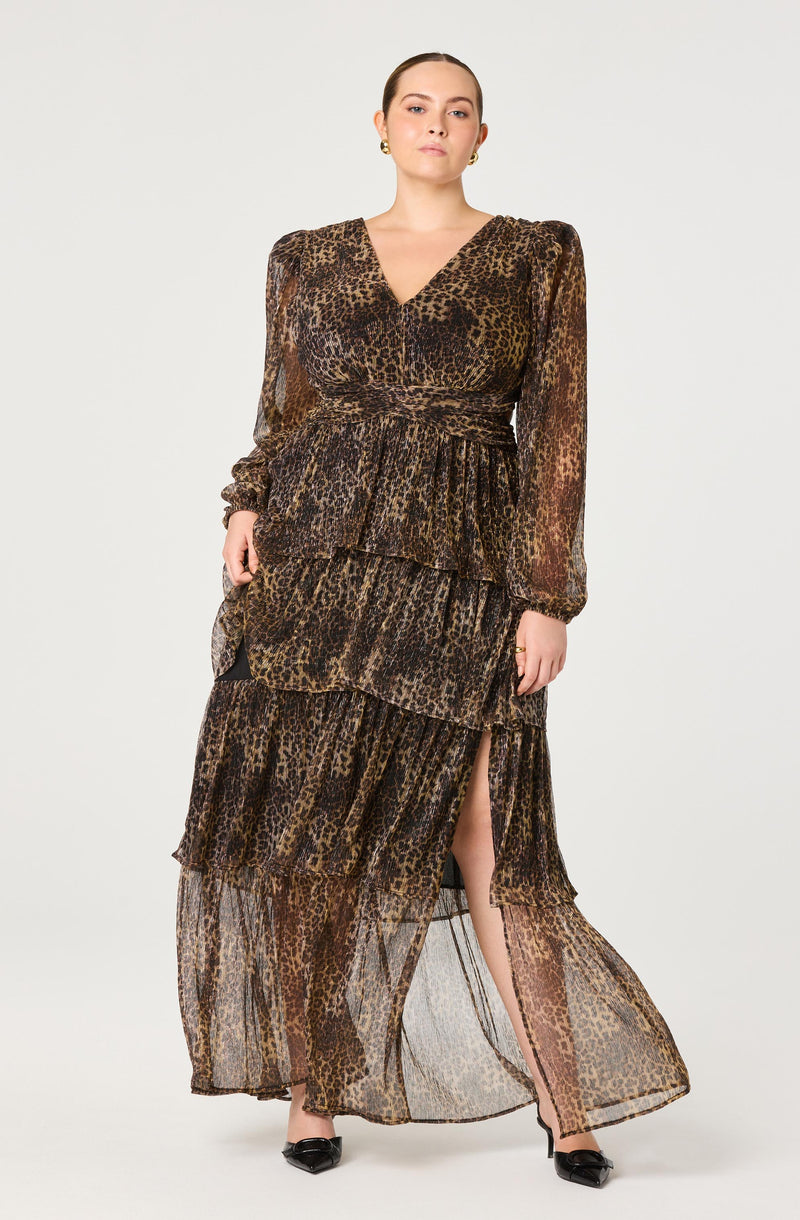 The dress is a sheer, long-sleeved, floor-length gown with a leopard print pattern. It features a V-neckline, puffed shoulders, and a tiered skirt with a front slit revealing the legs.