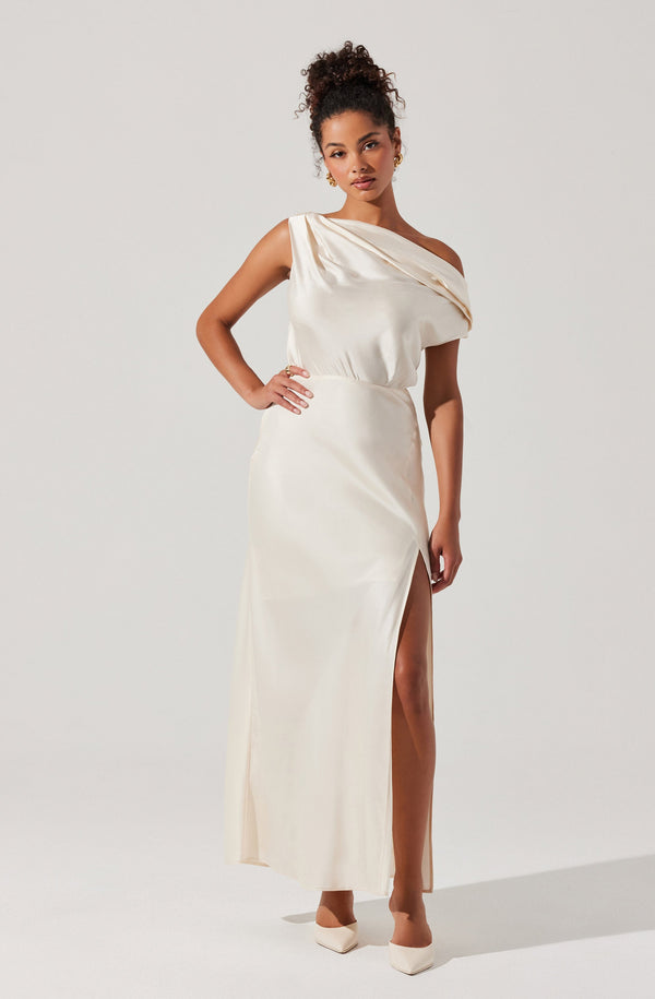 Astr The Label | Monroe Satin Off Shoulder Maxi Dress in Ivory | Size M Astr The Label | Monroe Satin Off Shoulder Maxi Dress in Ivory | Size M