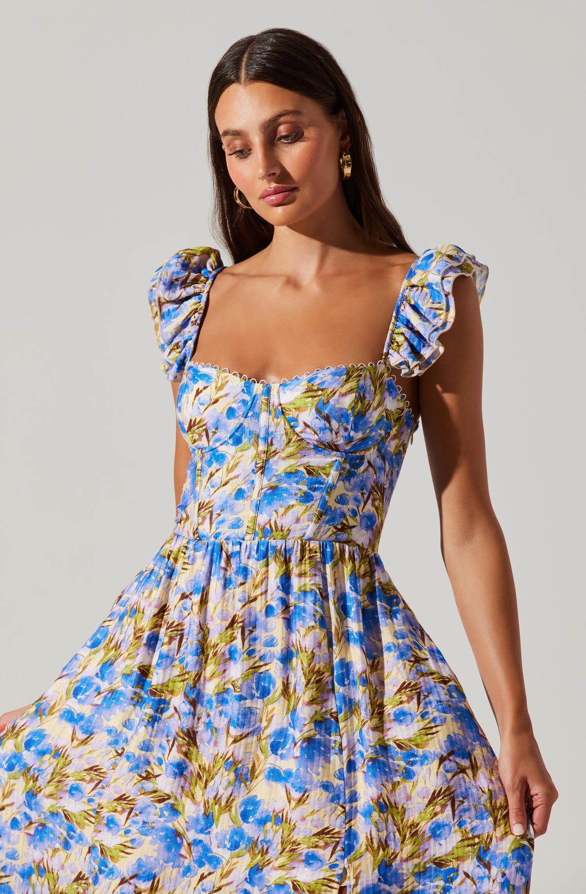 Wedelia Floral Bustier Midi Dress - Yellow blue floral / XS