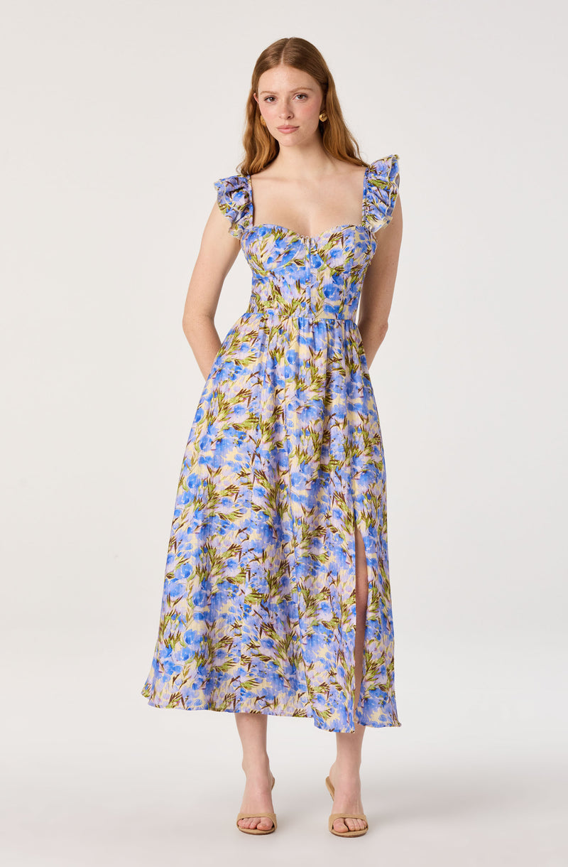 Blue floral maxi dress with ruffled sleeves and a front slit.