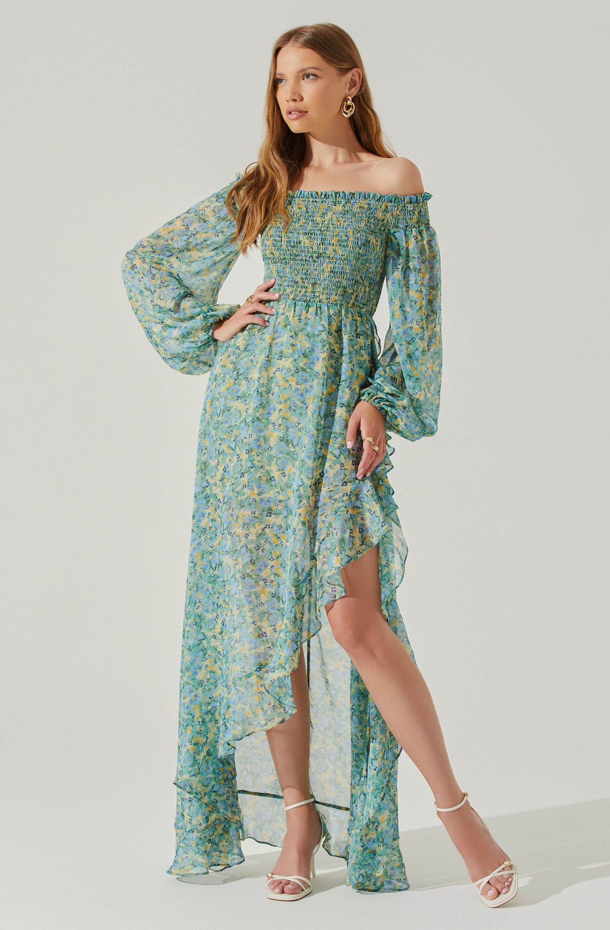 Katlynne Floral Off Shoulder Long Sleeve Maxi Dress Green blue yellow XS