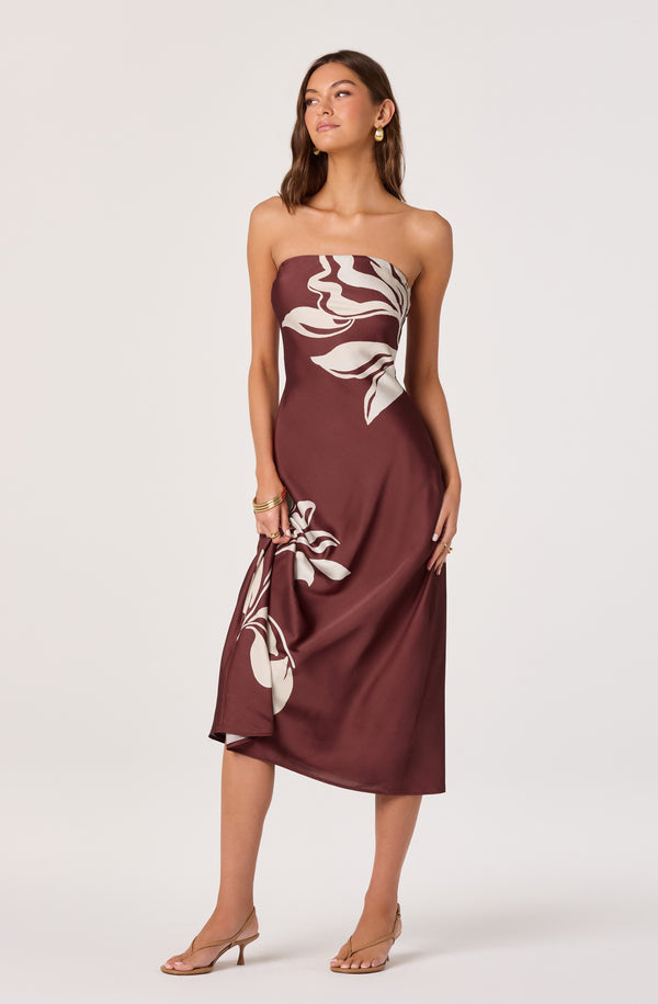 ASTR The Label | Annabeth Floral Satin Strapless Maxi Dress in Brown Floral