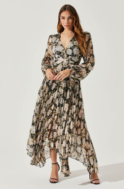 Ayana Floral Pleated Long Sleeve Maxi Dress