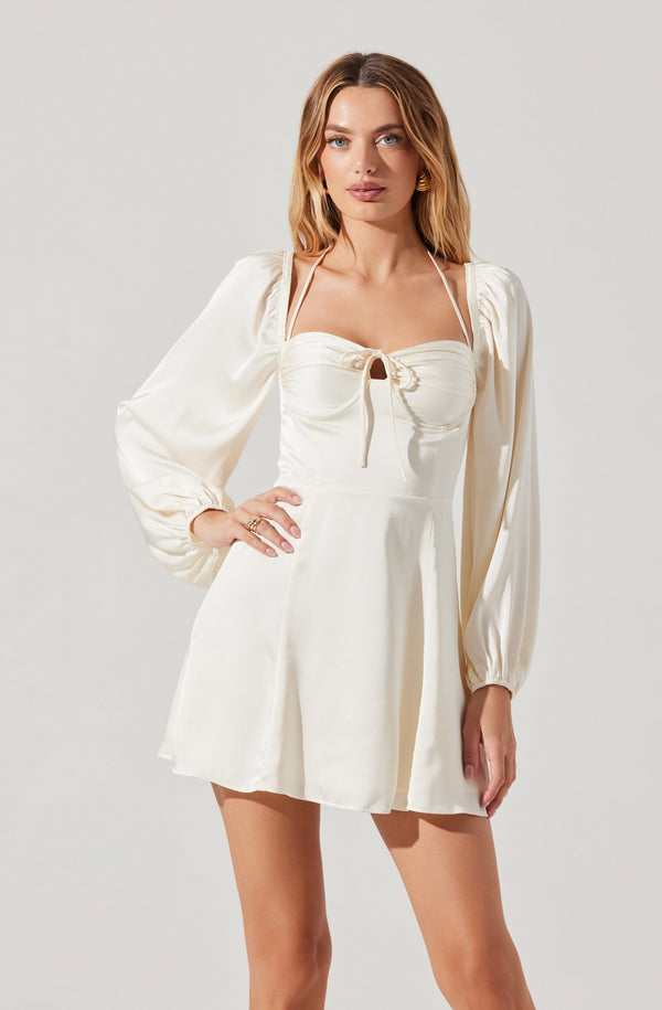 halter long sleeve mini dress Elliatt Uriel Satin Halter Long Sleeve Asymmetrical Mini Dress Blue Size XS NWT